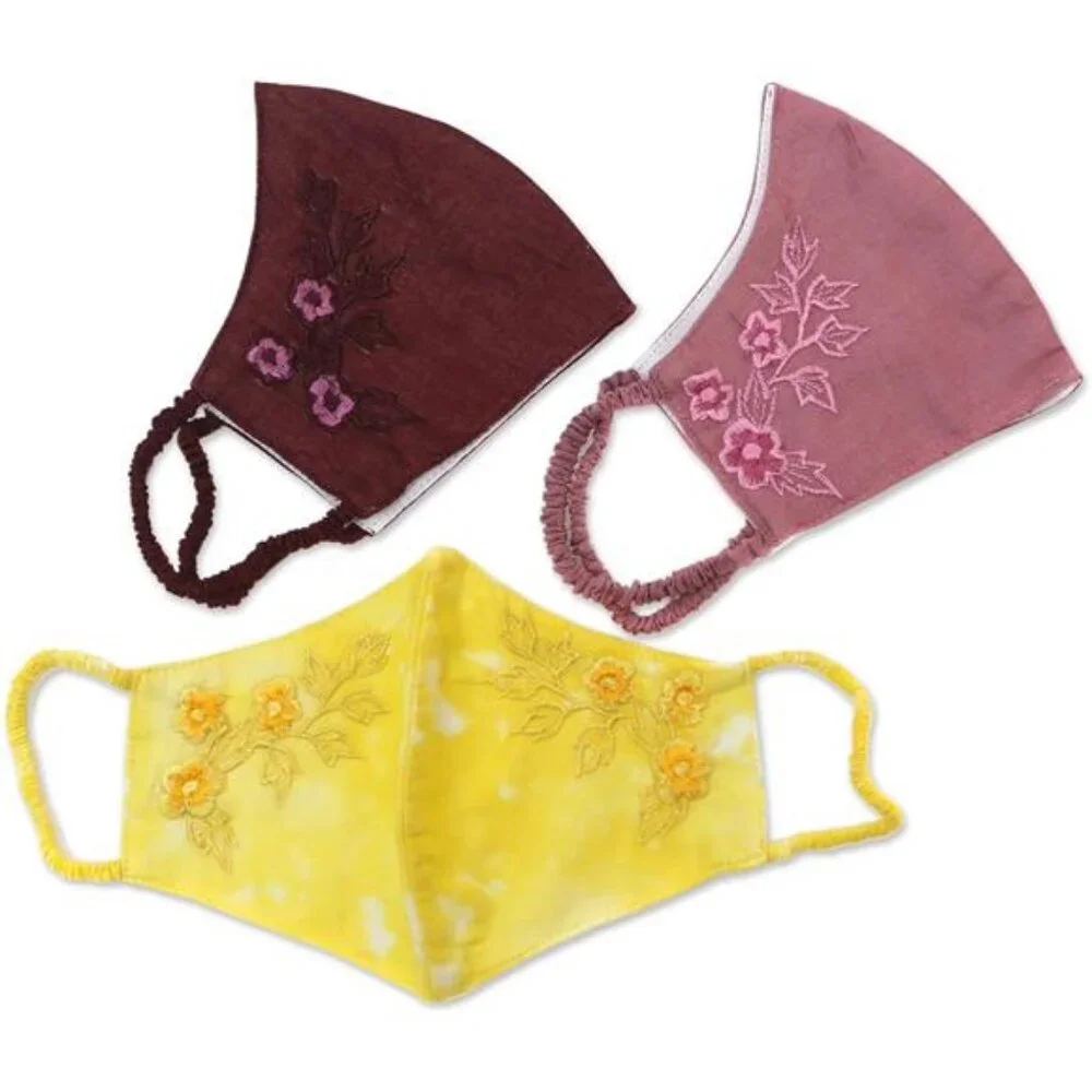 Artisan Handmade Embroidered Cotton Face Masks 3 Colorful Floral